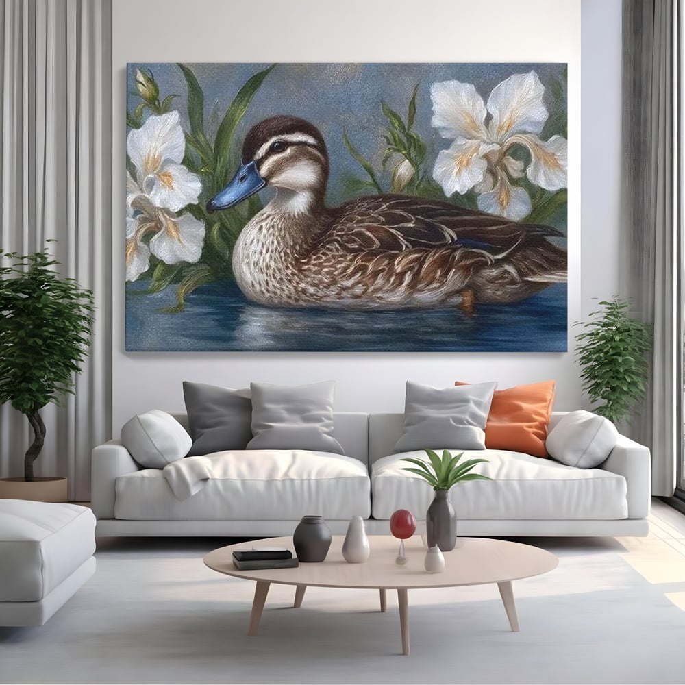 Tablou canvas cu tablou canvas cu rata si crini albi, fara rama, pe sasiu de lemn, pe perete intr-un living